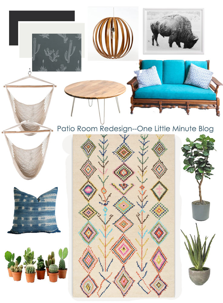 Patio Room Vision Board-Tribal Rug+Buffalo- One Little Minute Blog