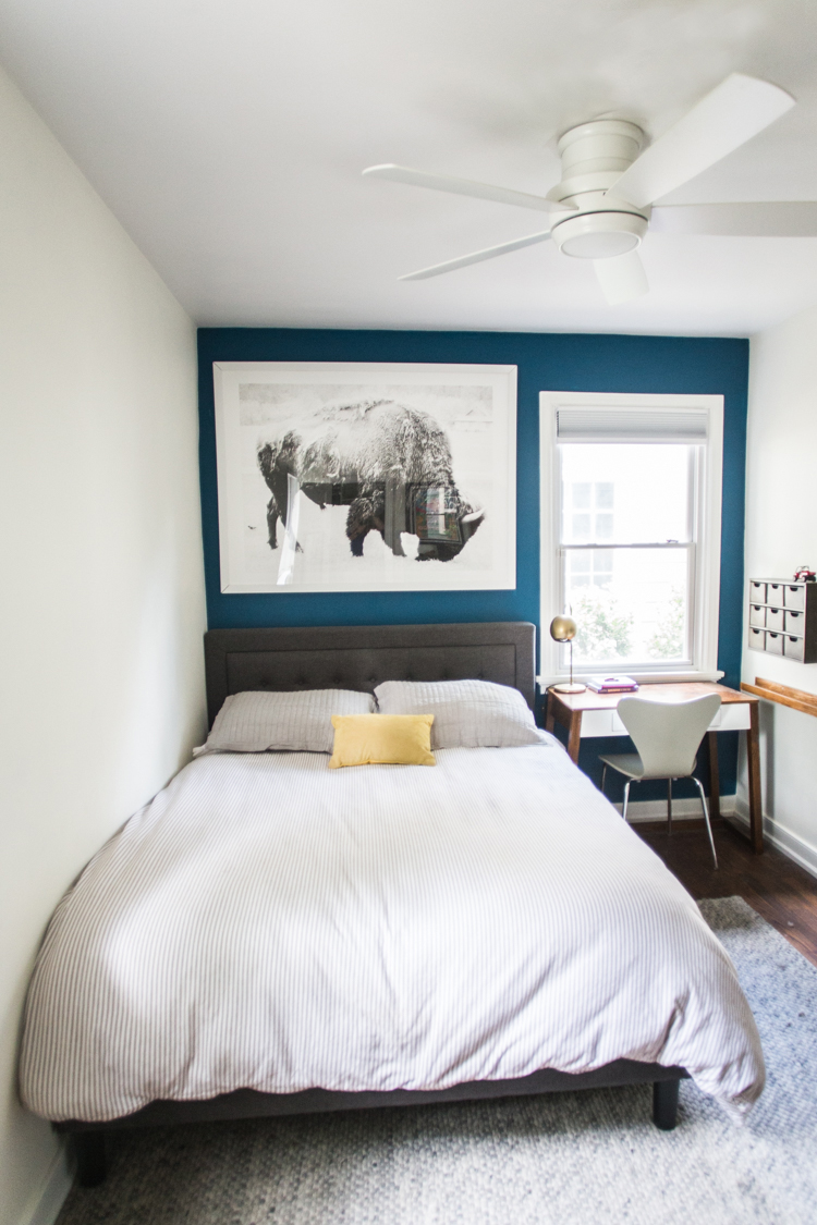 White bedroom with on sale blue accents